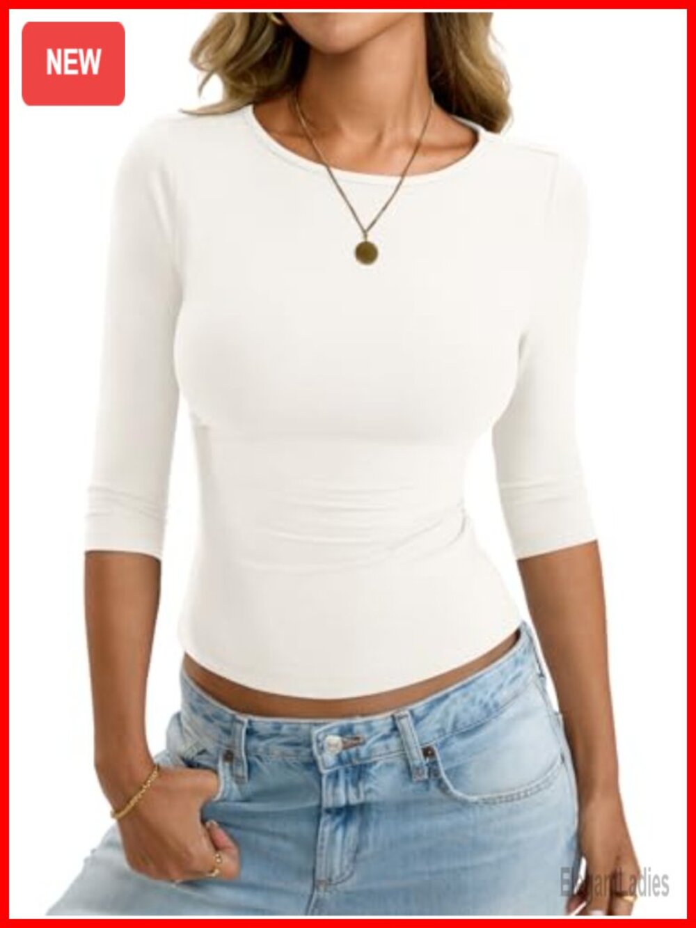 Womens 3/4 Sleeve Boat Neck Top Slim Fit Casual T-Shirt